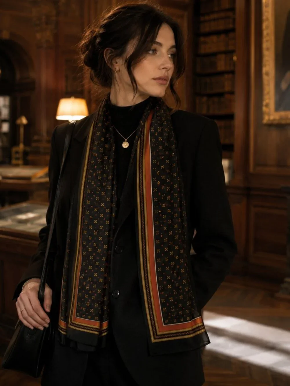 Vintage-Inspired Geometric Border Scarf | Paris Café Quiet Luxury Style